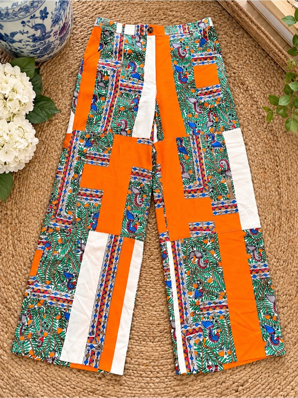Tory Burch Women's Wide Leg Patchwork Pants Orange & Green Size 6